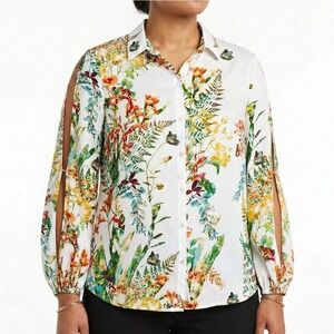 NWT City Streets Floral Split Sleeve Button Down Top White Boho Garden Size M